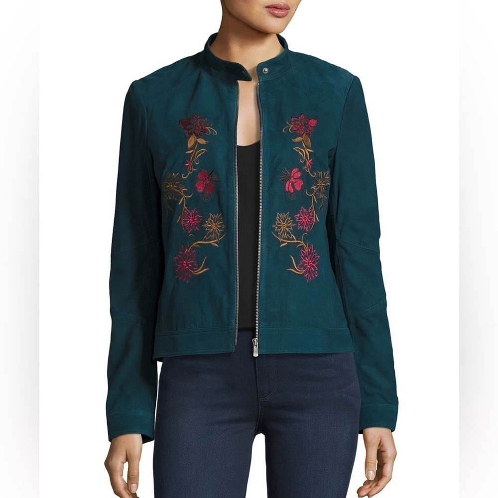 Neiman Marcus Floral Embroidered Suede Moto Jacket Size XS